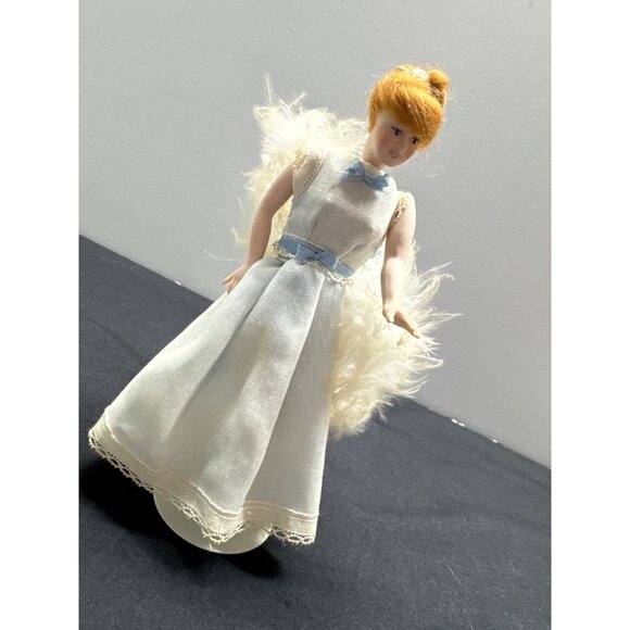 Vintage Porcelain Angel Doll With White Feather Wings & Lace Dress
